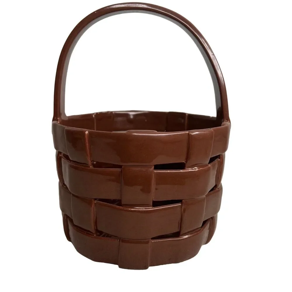 Vintage Italian Woven Ceramic Cache Pot Brown Basketweave Planter Basket Italy